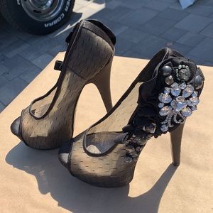 Rhinestone embellished black sheer stack stiletto